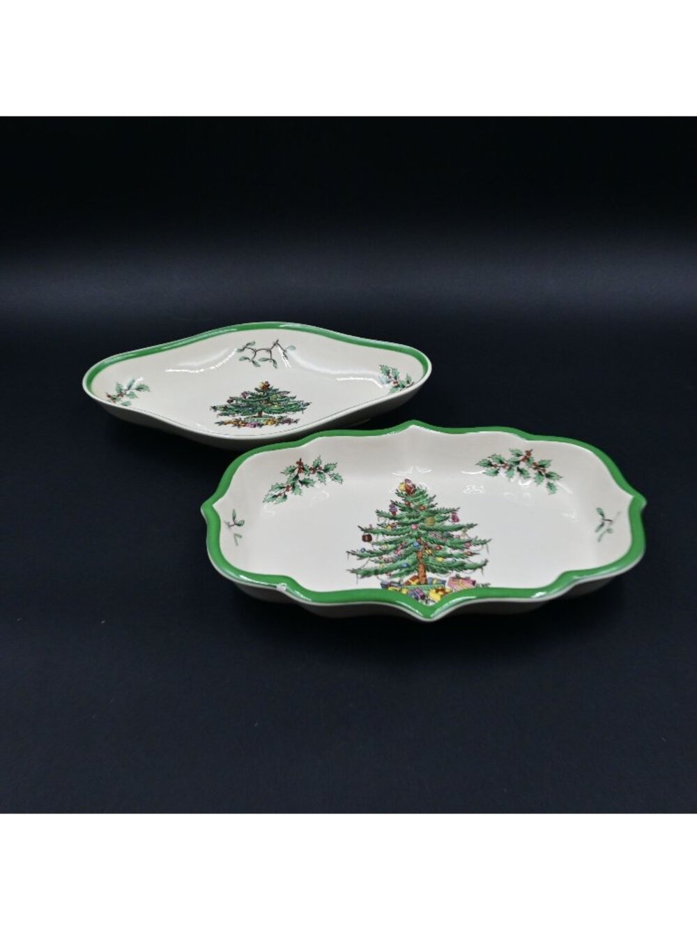 Spode China Christmas Tree Candy Ogee & Diamond Shaped Dish Pair Of 2